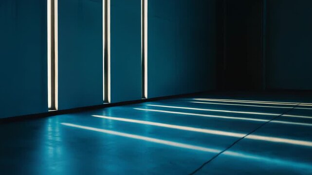 Sunlight beams create striking parallel stripes and geometric shapes on a dark floor and wall, highlighting the minimalist interior space of an empty industrial warehouse or studio
