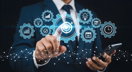 Fototapeta premium A businessman interacting with digital gears representing business efficiency and technology integration