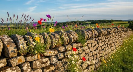 Stone wall landscape with wildflowers including poppies and lavender under bright blue sky