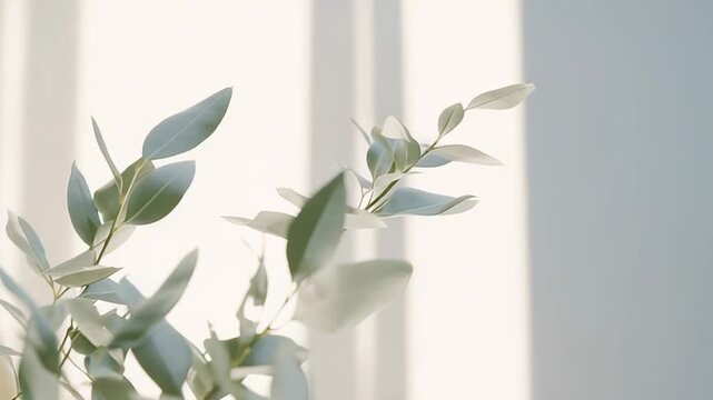 Eucalyptus plant branches featuring delicate green leaves, bathed in soft natural sunlight creating elegant vertical shadows on a clean white background, conveying calm and organic simplicity