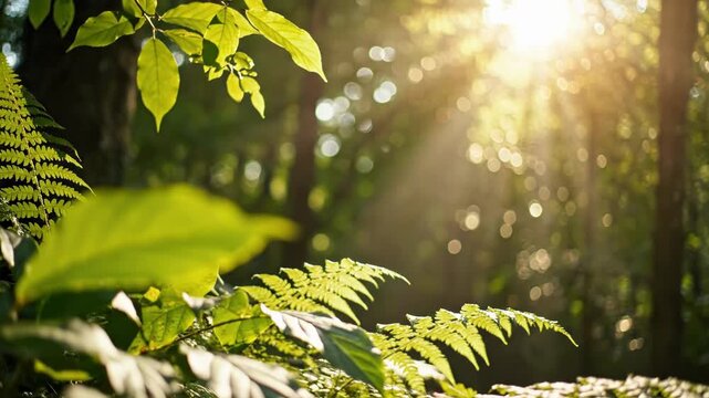 Sunlight filtering through green leaves in a forest environment 4k video