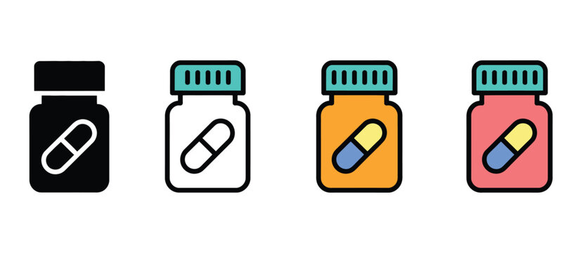 icon pharmacy pill bottle, same pose and proportions in four styles: black solid, glyph, outline minimal, flat multicolor filled, vector illustration