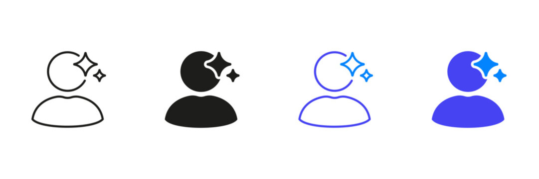 User Profile With Sparkles Line And Solid Icon Set. User with AI Sparkle Symbol. Isolated Vector Illustration