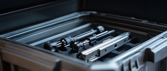 Close-up of firearm components housed in a protective case, showcasing intricate details and precision engineering used for weaponry development and maintenance.