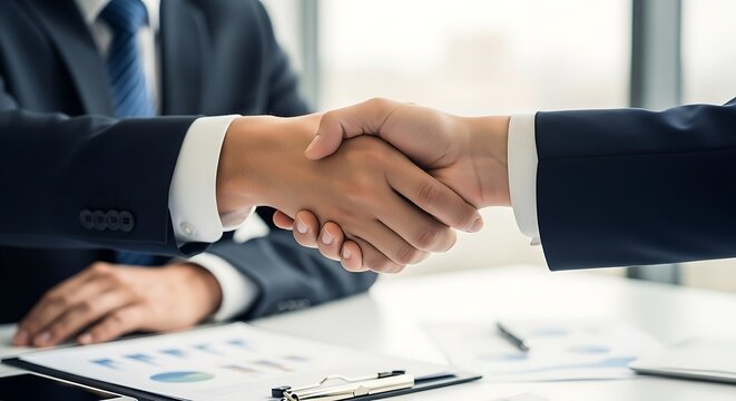 Two business people in formal suits shaking hands over a table with documents and reports