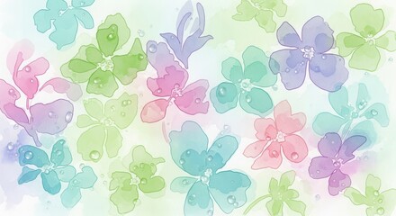 Soft watercolor floral background with pastel colored flowers and dew drops illustration