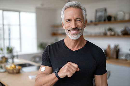 Smiling mature man using wearable health tech at home &mdash; monitoring fitness with a smartwatch and glucose sensor patch in a bright modern kitchen