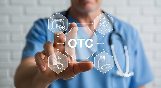 Doctor touching a digital screen with icons representing pharmacy, documents, quality assurance, and medication, highlighting the concept of Over-the-Counter (OTC) services in h...