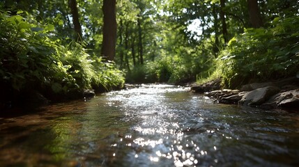 Obraz premium A clear forest stream sparkles with sunlight as it flows through a lush green natural wilderness setting