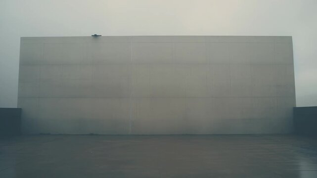 Industrial building facade standing starkly against a foggy, muted sky, with a dark, wet ground surface reflecting the somber light and creating a sense of isolation
