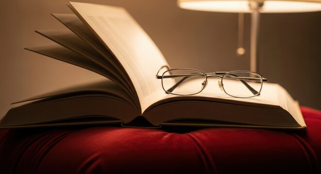 Opened book with reading glasses placed on pages illuminated by warm lamp light at night