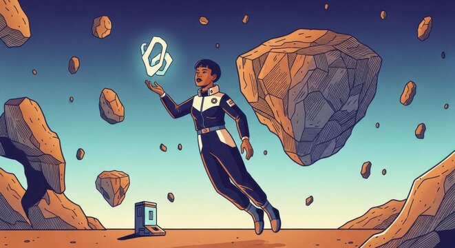 Astronaut floats in zero gravity amidst asteroids in outer space illustration