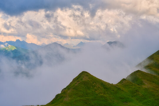 Aerial view of sharp, grassy peaks pierce through a soft blanket of low-lying clouds, with distant mountain ranges fading into the horizon, Western Tatras, Zilina Region, Slovakia.