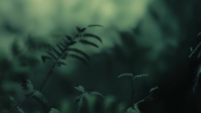 Green fern fronds gracefully extend into a deep forest setting, highlighting lush natural growth and creating a peaceful, tranquil environment with rich botanical beauty