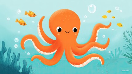 Cute cartoon orange octopus swimming in a bright tropical underwater scene with colorful fish and bubbles, surrounded by coral and seaweed in a vibrant ocean environment