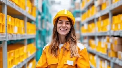 Smiling Female Worker in Safety Gear Standing Amidst Shelves of Yellow Storage Bins in a Warehouse Environment