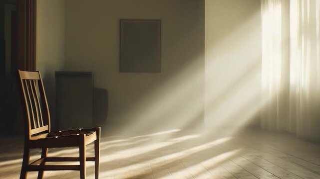 Empty wooden chair resting on a hardwood floor, bathed in warm sunbeams streaming through a large window with soft curtains, creating a peaceful, quiet, and introspective atmosphere