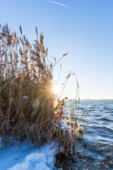 Ein sonniger Wintertag am Cospudener See in Leipzig, Deutschland