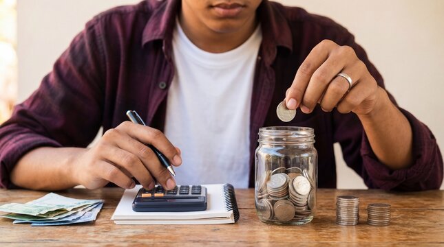 A person saving coins in a jar while calculating finances on a calculator at a wooden desk