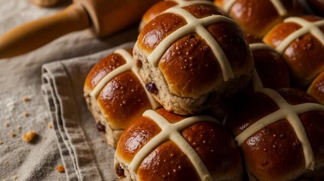 Freshly baked hot cross buns: rustic pastry joy with rolling pin and baking ingredients