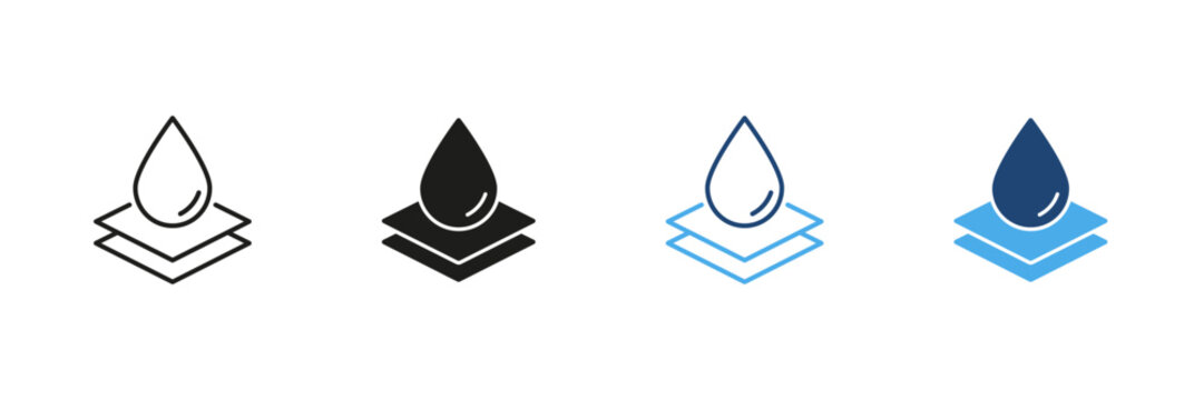 Waterproof Material Layer Line And Solid Icon Set. Water Resistance And Protection Outline And Silhouette Symbol Collection. Moisture Barrier And Durability Icons. Isolated Vector Illustration