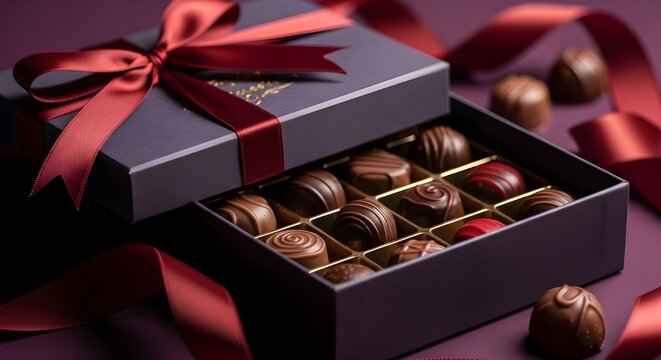 Luxurious chocolates in elegant gift box with red ribbon