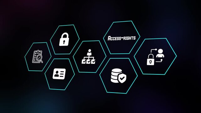 Cyber-security interface for access rights management showing digital lock and user hierarchy icons for network authorisation and data control.
