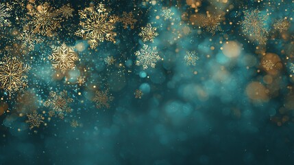 Fototapeta premium A festive background with gold snowflakes and bokeh lights on a dark blue gradient