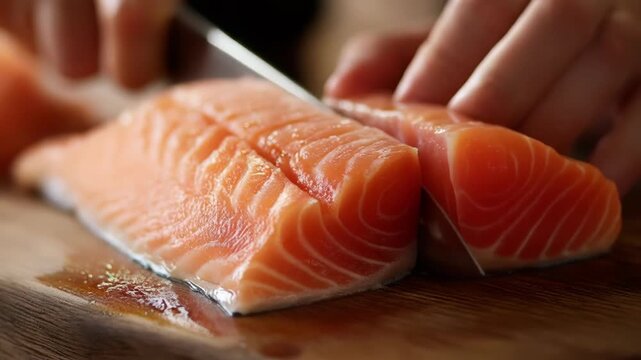 Professional Chef Slicing Fresh Salmon Fillet on Wooden Board