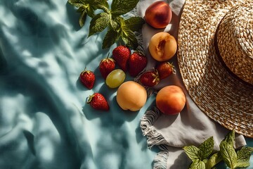 Vibrant Picnic Flat Lay on Teal &mdash; Summer Outdoors Food and Props autumn still life with acorns