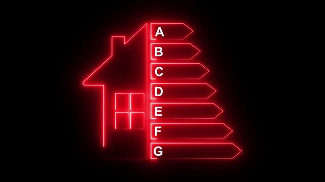 glowing neon Energy efficiency rating chart with house icon. House with energy efficiency rating bars eco-friendly, sustainability side panel. Concept of Home Energy Audit. 4k video animation.