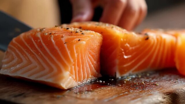 Professional Chef Slicing Fresh Salmon Fillet on Wooden Board