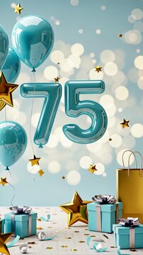 Celebratory 75th anniversary with balloons, gifts, and golden stars in festive blue decor