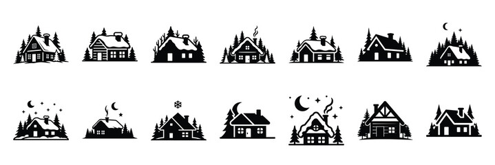 Fototapeta premium christmas winter night cabin icon set silhouette on black colour and white background. Holiday silhouette vector icons.