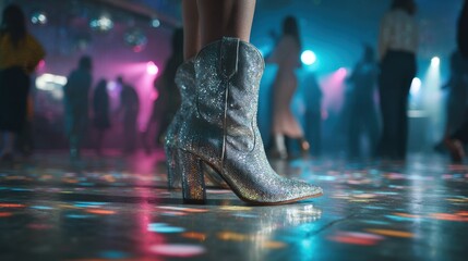 Glittery disco boots shine on a vibrant nightclub dancefloor. Colorful lights and partygoers set a lively, fashionable party atmosphere.