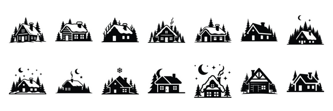 christmas  winter night cabin icon set silhouette on black colour and white background. Holiday silhouette vector icons.