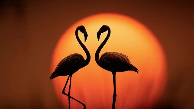 Two elegant flamingos form a beautiful heart silhouette against a dramatic sunset, capturing a truly romantic and Special Valentine Day moment filled with love and natural splendor