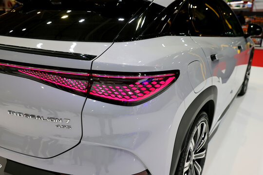 Back view of a BYD Sealion 7, electric mid-size crossover SUV car. Automotive industry. Photographed in ambiental light. Romania, Bucharest, October 2025.