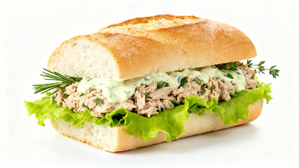 Gourmet Tuna Salad Baguette with Fresh Lettuce and Creamy Herb Dressing on White Background