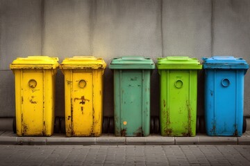 Naklejka premium Five colorful recycling bins lined up on a city street against a grey wall during daylight showcasing urban waste management practices