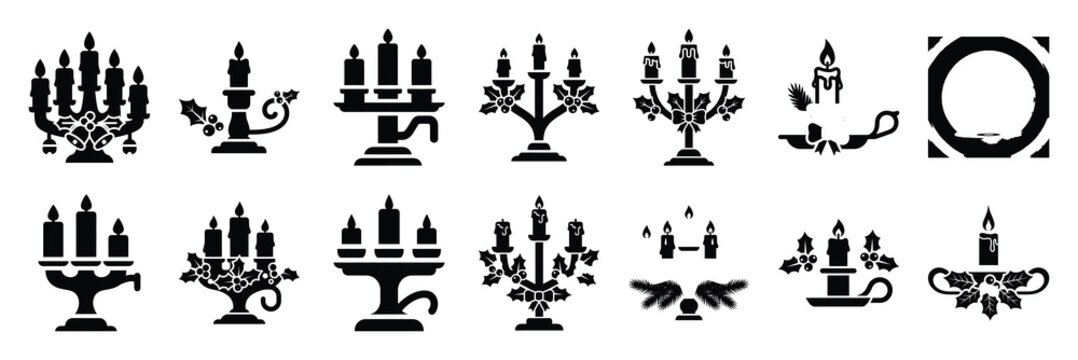 christmas  candle holder icon set silhouette on black colour and white background. Holiday silhouette vector icons.