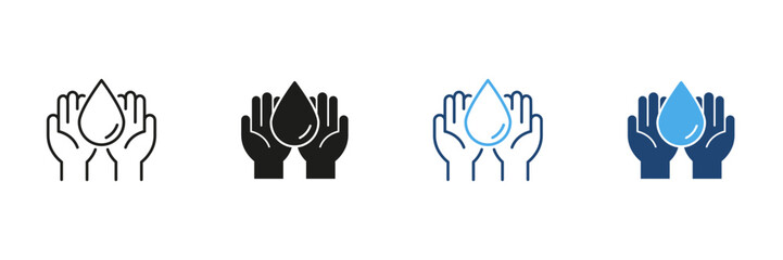 Obraz premium Hands Holding Water Drop Line And Solid Icon Set. Water Conservation, Sustainability, And Environmental Protection Outline And Silhouette Symbol Collection. Isolated Vector Illustration