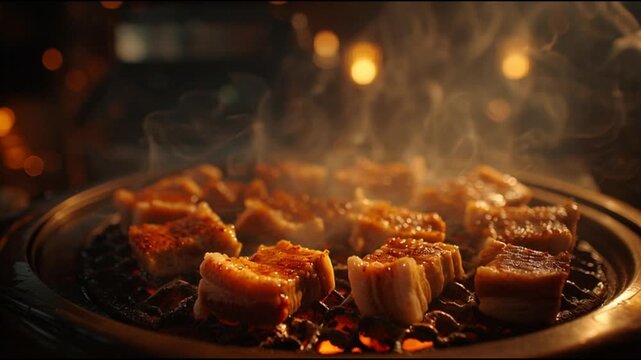 Steaming hot food on a plate.