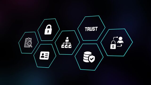 Digital trust and secure information exchange concept featuring abstract hexagonal UI icons representing reliable data protection and user safety.