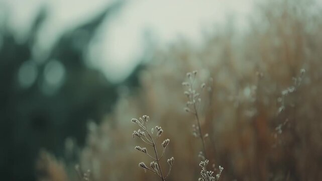 Frosted plant stem standing in an autumn field, capturing the delicate beauty and texture of nature during the changing seasons, with soft, diffused light creating a tranquil and natural scene