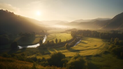 Golden Sunrise Illuminating Winding River in Quiet Valley &mdash; Scenic Nature sunrise over the mountains