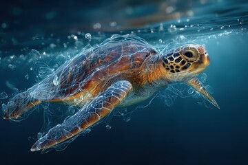 Fototapeta premium Sea turtle tangled in plastic waste swims in clear ocean waters showcasing the impact of pollution on marine life and ecosystems