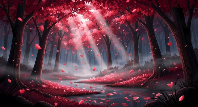 Dua siluet perempuan saling menatap di bawah hati merah yang bersinar, dikelilingi oleh sosok-sosok bayangan dalam pemandangan malam yang gelap dan berbintang, melambangkan cinta dan keterikatan.