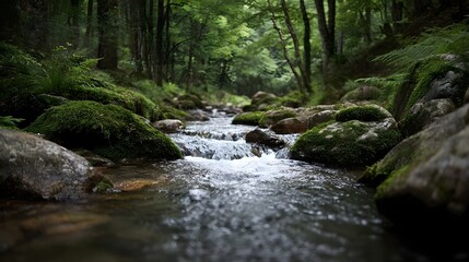 A serene forest stream flows gently over moss covered rocks surrounded by lush green vegetation trees and ferns in a tranquil woodland setting