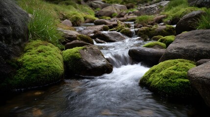 Fototapeta premium A vibrant clear stream cascades gently over moss covered rocks showcasing the serene beauty of a natural wilderness landscape